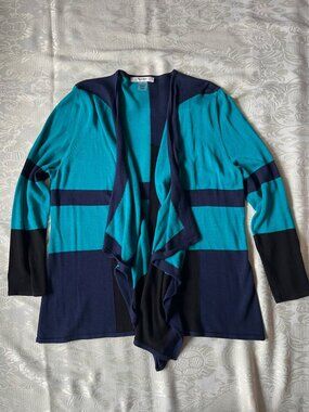 Tanjay Petite Colorblock Drape Front Open Cardigan Sweater Size PM Blue Teal